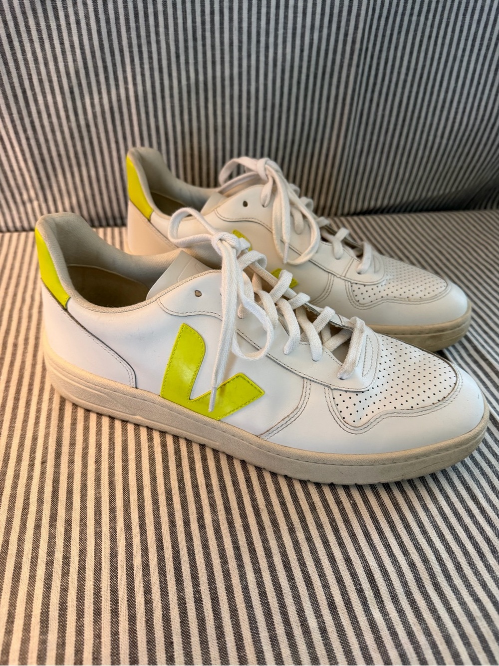 White Leather Sneakers with Neon Yellow V Detail